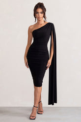 Black One Shoulder Cape Ruched Midi Dress